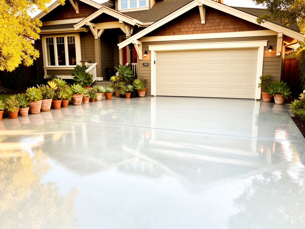 After: Clean, sun-bleached concrete driveway in front of a craftsman home