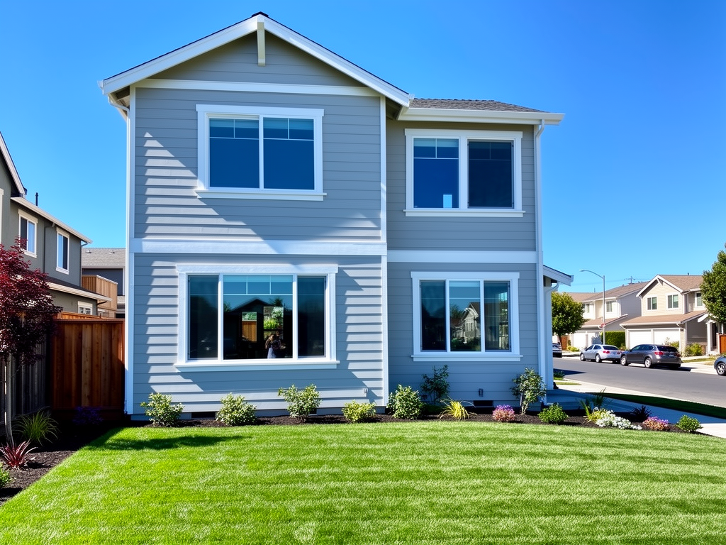 After: Light gray house siding with bright white trim after softwashing