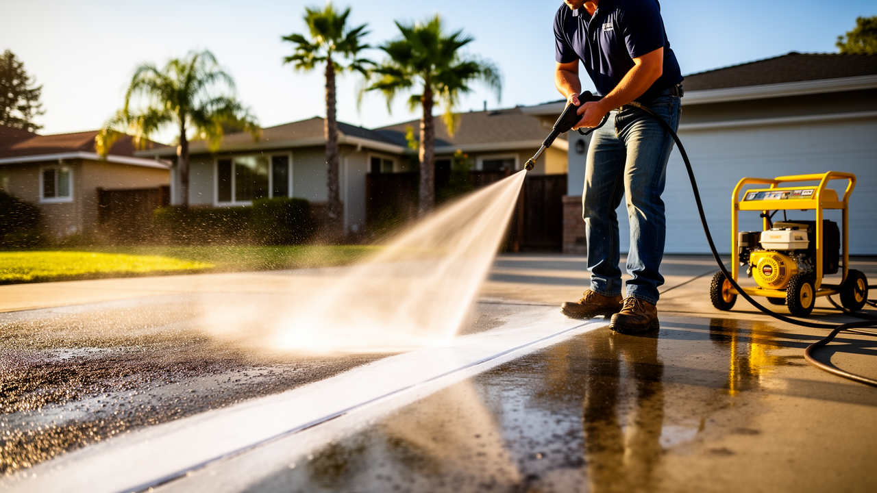 A Tideline Pressure Washing technician blasting grime off a driveway with a fan-tip nozzle, water spray lit by morning sun